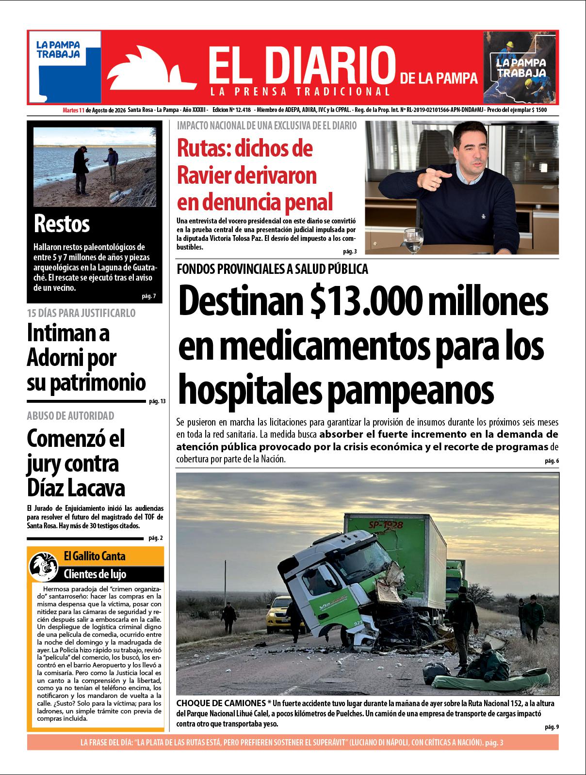 Tapa de El Diario en papel  martes 11 de agosto de 2026